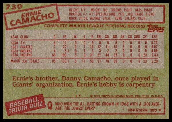1985 Topps Ernie Camacho #739 (Back)