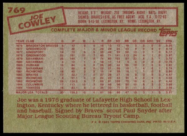 1985 Topps Joe Cowley #769 (Back)