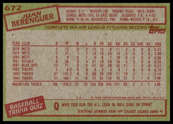 1985 Topps Juan Berenguer #672 (Back)