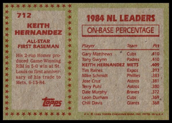 1985 Topps Keith Hernandez #712 (Back)