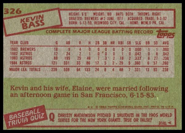 1985 Topps Kevin Bass #326 (Back)