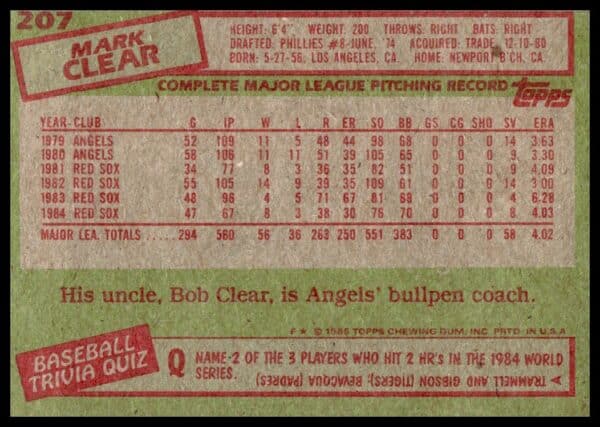 1985 Topps Mark Clear #207 (Back)