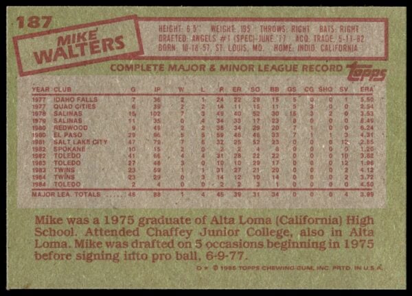 1985 Topps Mike Walters #187 (Back)
