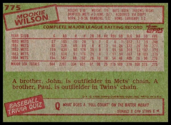 1985 Topps Mookie Wilson #775 (Back)