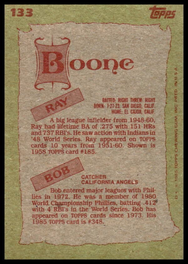 1985 Topps Ray Boone / Bob Boone #133 (Back)