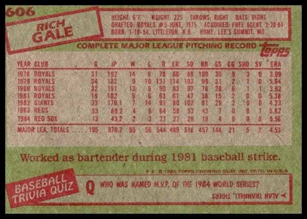 1985 Topps Rich Gale #606 (Back)