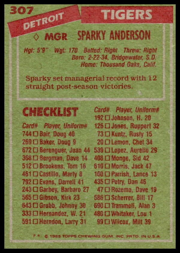 1985 Topps Sparky Anderson #307 (Back)