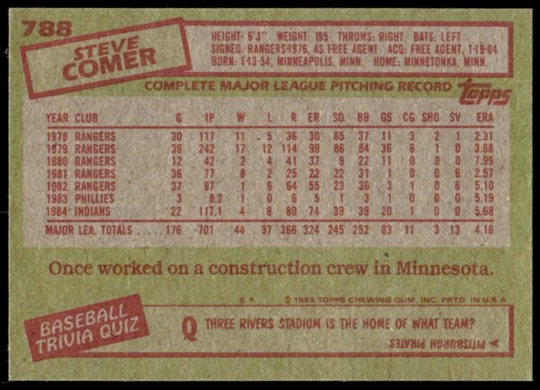 1985 Topps Steve Comer #788 (Back)