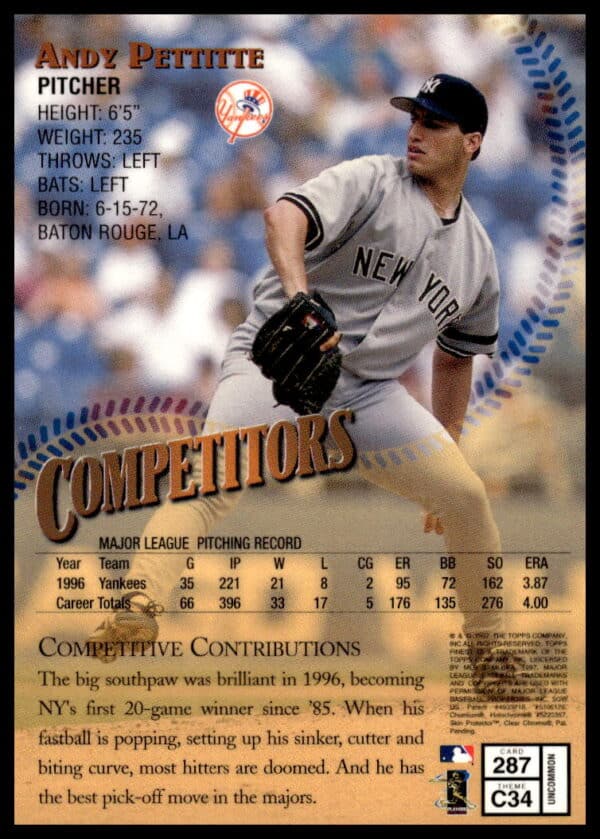 1997 Topps Finest Andy Pettitte #287 (Back)