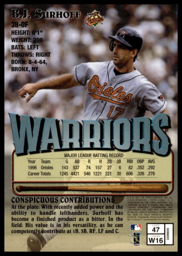 1997 Topps Finest B.J. Surhoff #47 (Back)