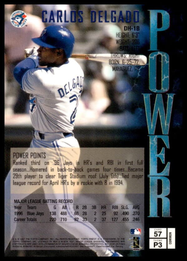 1997 Topps Finest Carlos Delgado #57 (Back)