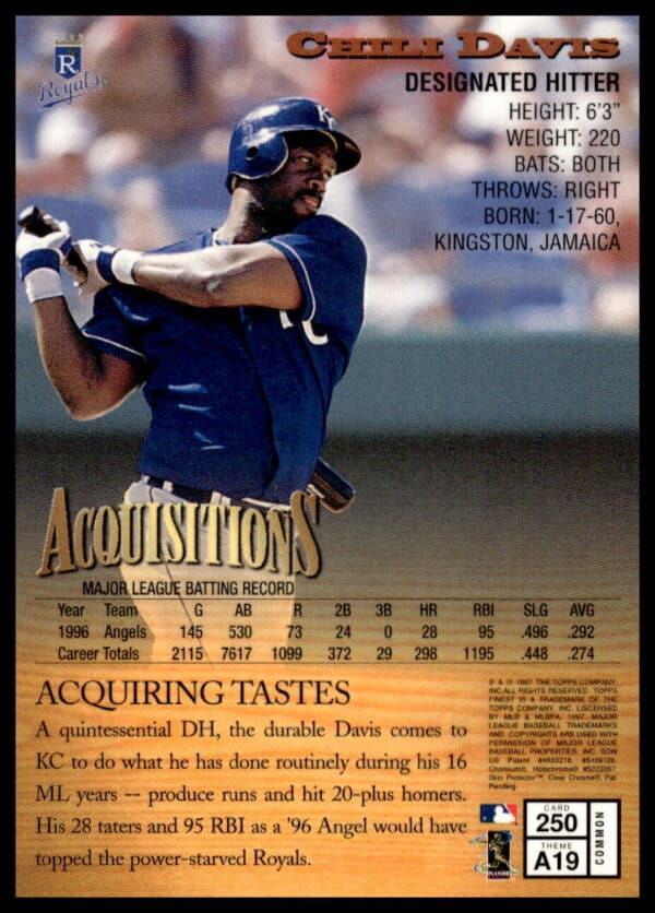 1997 Topps Finest Chili Davis #250 (Back)