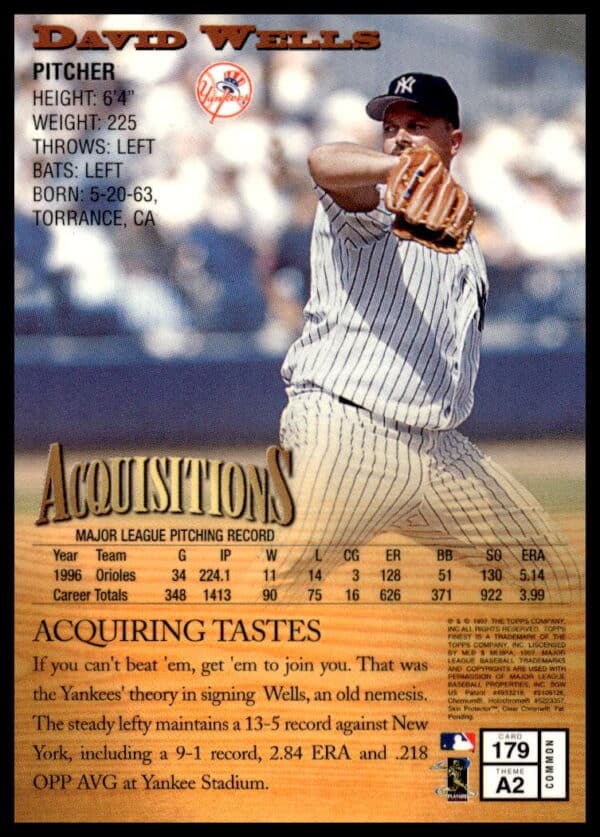 1997 Topps Finest David Wells #179 (Back)