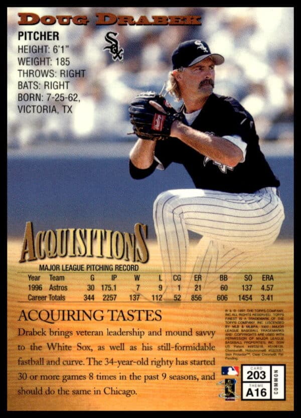 1997 Topps Finest Doug Drabek #203 (Back)