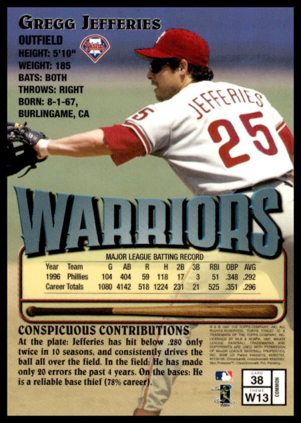 1997 Topps Finest Gregg Jefferies #38 (Back)