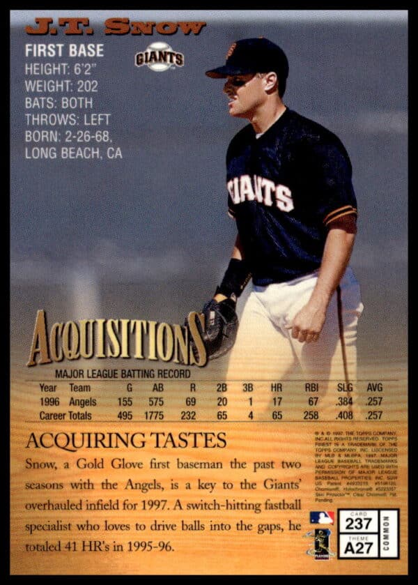 1997 Topps Finest J.T. Snow #237 (Back)