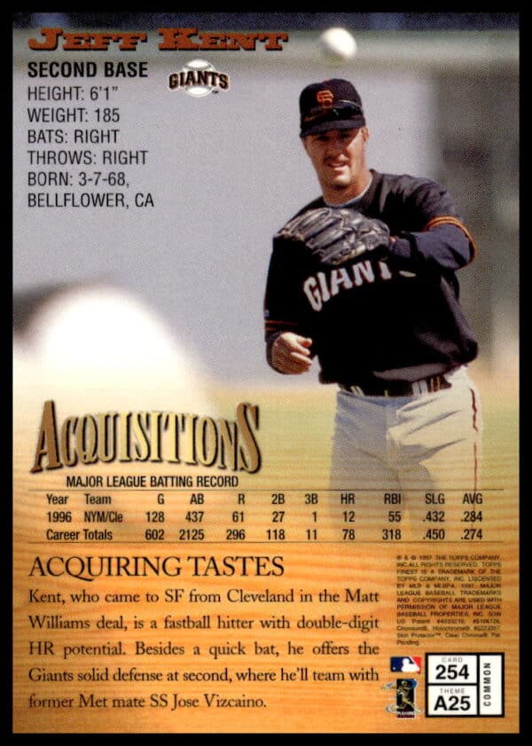 1997 Topps Finest Jeff Kent #254 (Back)