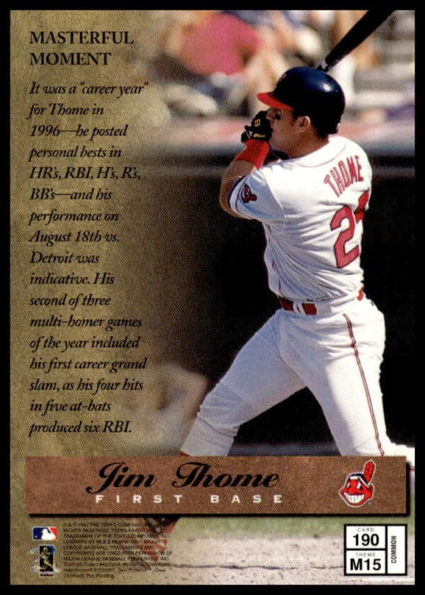 1997 Topps Finest Jim Thome #190 (Back)