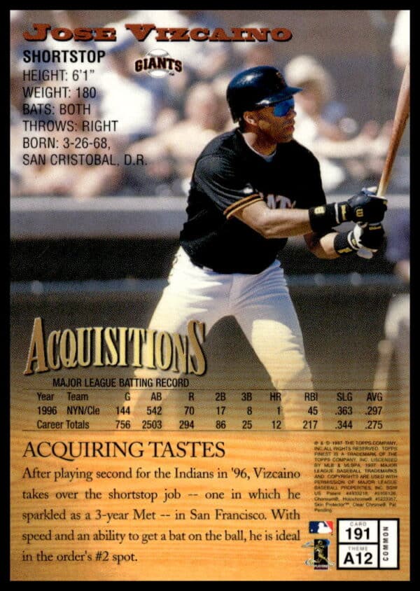 1997 Topps Finest Jose Vizcaino #191 (Back)