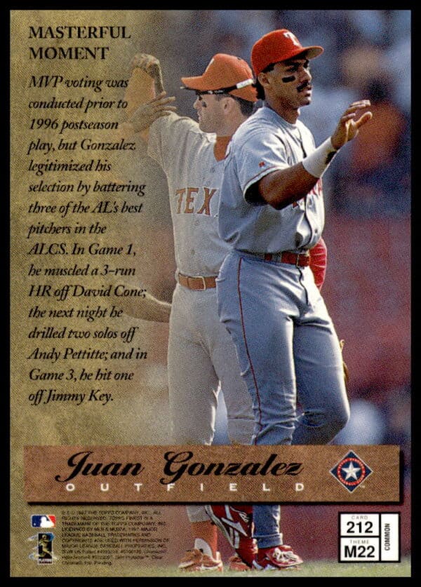 1997 Topps Finest Juan Gonzalez #212 (Back)