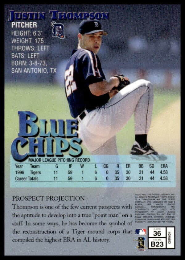 1997 Topps Finest Justin Thompson #36 (Back)