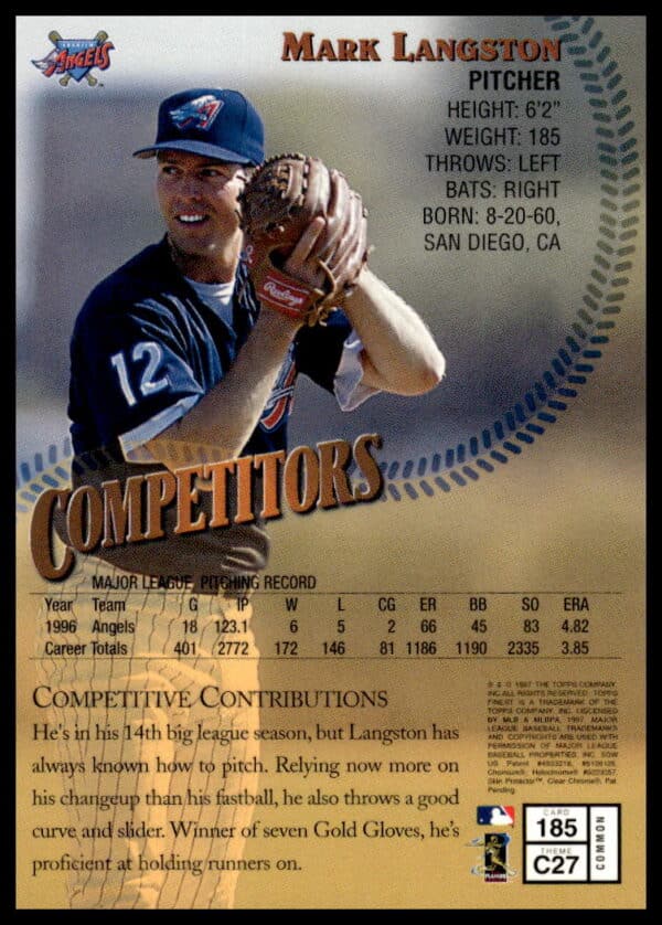 1997 Topps Finest Mark Langston #185 (Back)