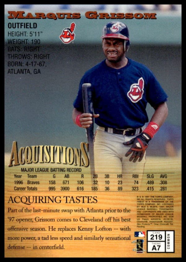 1997 Topps Finest Marquis Grissom #219 (Back)