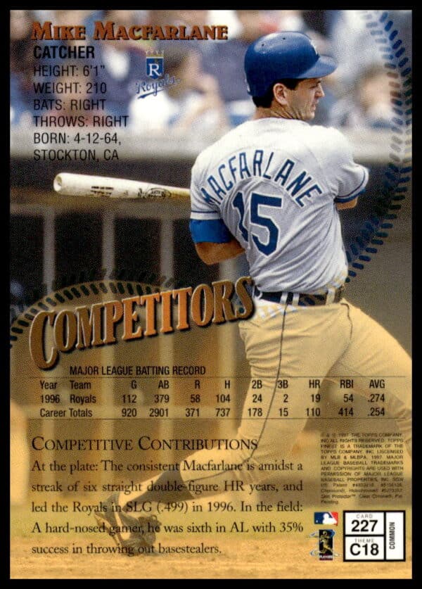 1997 Topps Finest Mike Macfarlane #227 (Back)