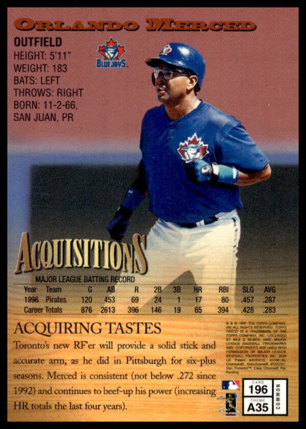 1997 Topps Finest Orlando Merced #196 (Back)