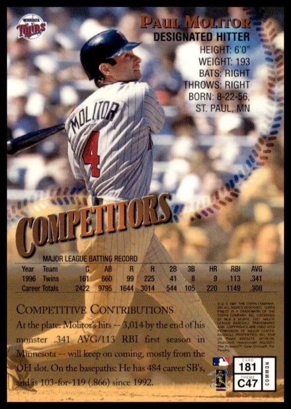 1997 Topps Finest Paul Molitor #181 (Back)