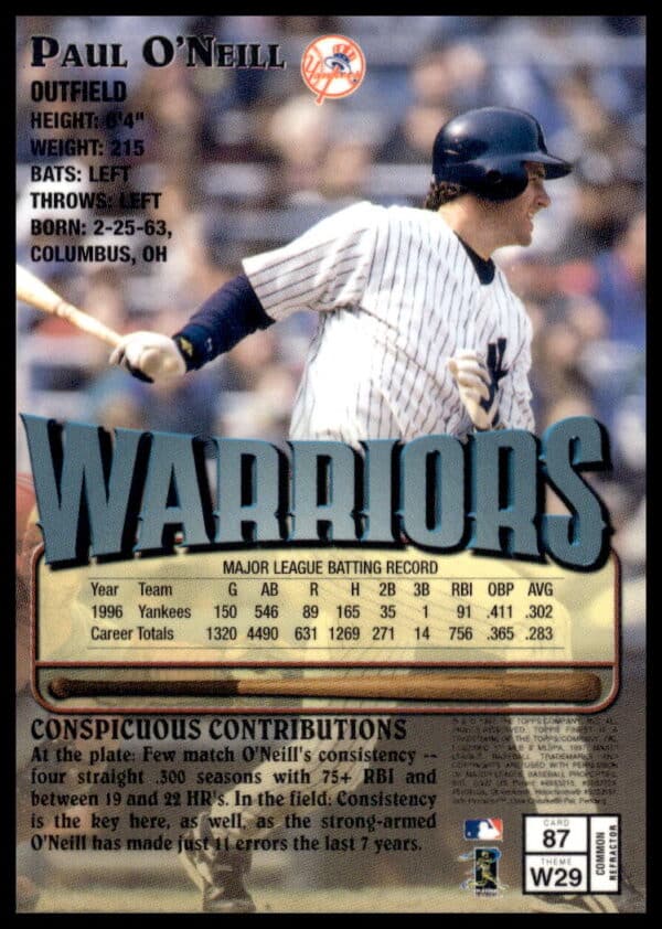 1997 Topps Finest Paul O'Neill #87 (Back)