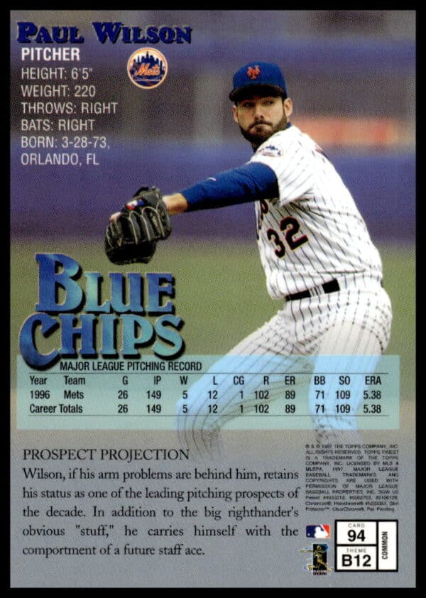 1997 Topps Finest Paul Wilson #94 (Back)