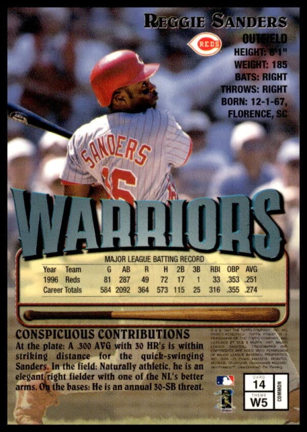 1997 Topps Finest Reggie Sanders #14 (Back)