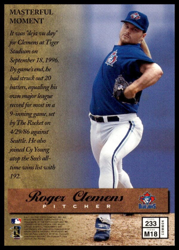 1997 Topps Finest Roger Clemens #233 (Back)