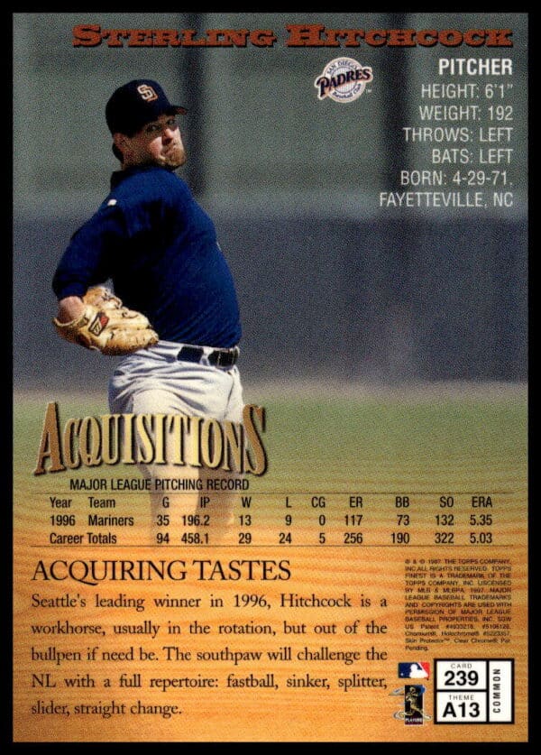 1997 Topps Finest Sterling Hitchcock #239 (Back)