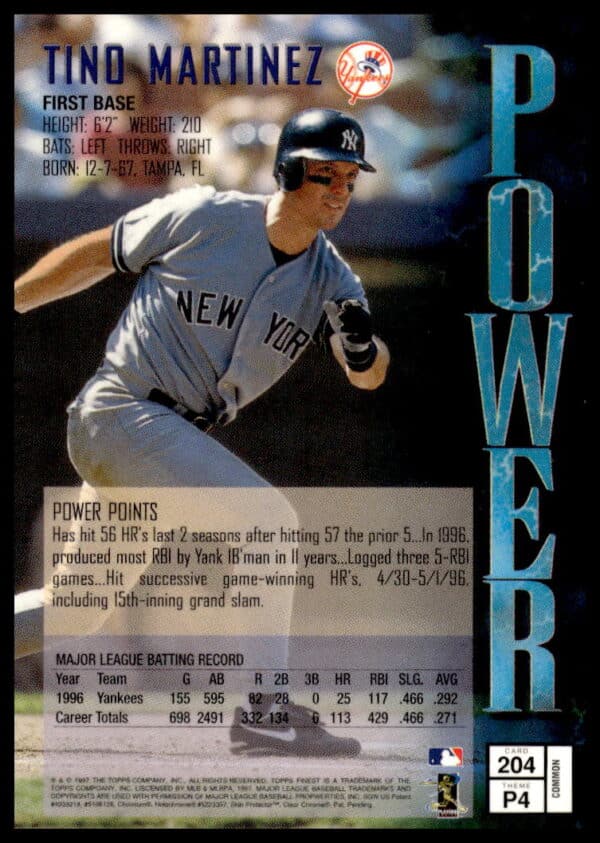 1997 Topps Finest Tino Martinez #204 (Back)