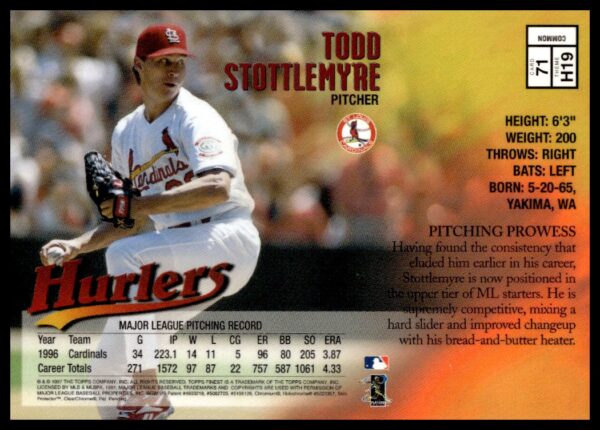 1997 Topps Finest Todd Stottlemyre #71 (Back)