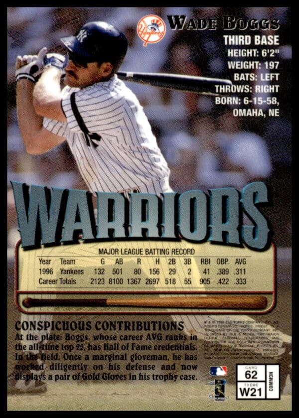 1997 Topps Finest Wade Boggs #62 (Back)
