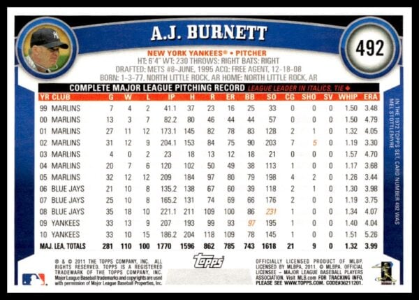 2011 Topps A.J. Burnett #492 (Back)