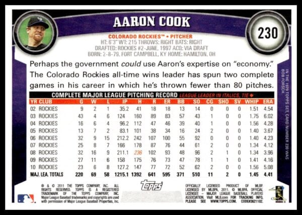 2011 Topps Aaron Cook #230 (Back)