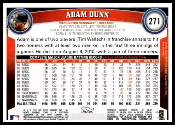 2011 Topps Adam Dunn #271 (Back)