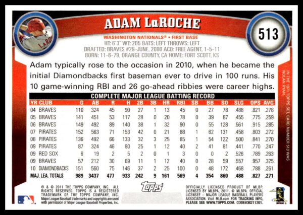 2011 Topps Adam LaRoche #513 (Back)