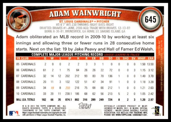 2011 Topps Adam Wainwright #645 (Back)