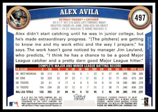 2011 Topps Alex Avila #497 (Back)