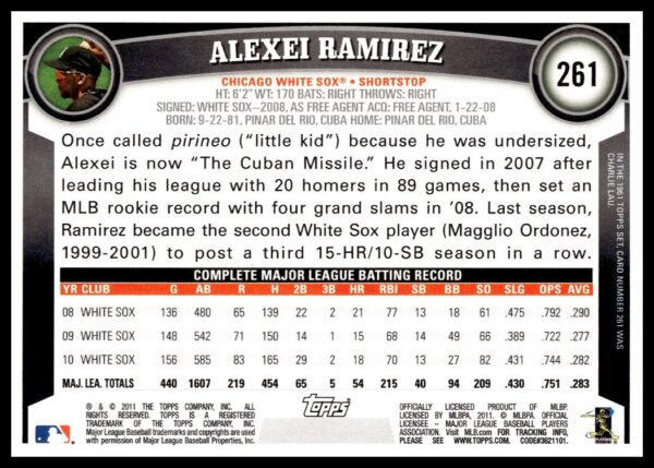 2011 Topps Alexei Ramirez #261 (Back)