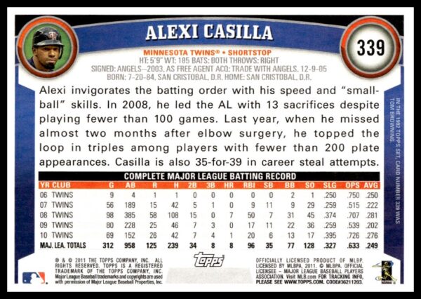 2011 Topps Alexi Casilla #339 (Back)