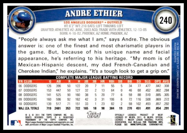 2011 Topps Andre Ethier #240 (Back)