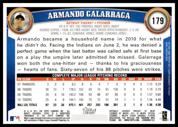 2011 Topps Armando Galarraga #179 (Back)