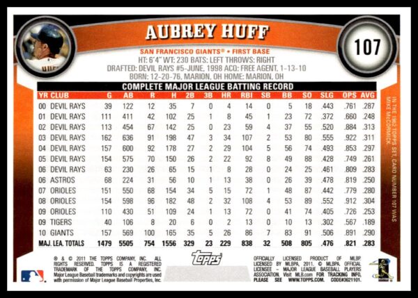 2011 Topps Aubrey Huff #107 (Back)