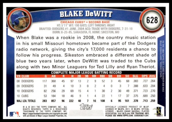 2011 Topps Blake DeWitt #628 (Back)